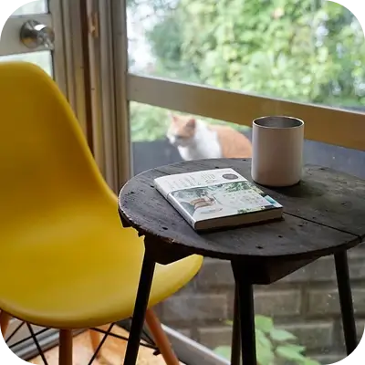 写真:テーブルの上にコーヒーと本。奥に猫がいます