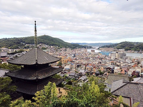 写真:写真:街を見下ろしています。天寧寺 海雲塔や、たくさんの家や、海と山が写っています。